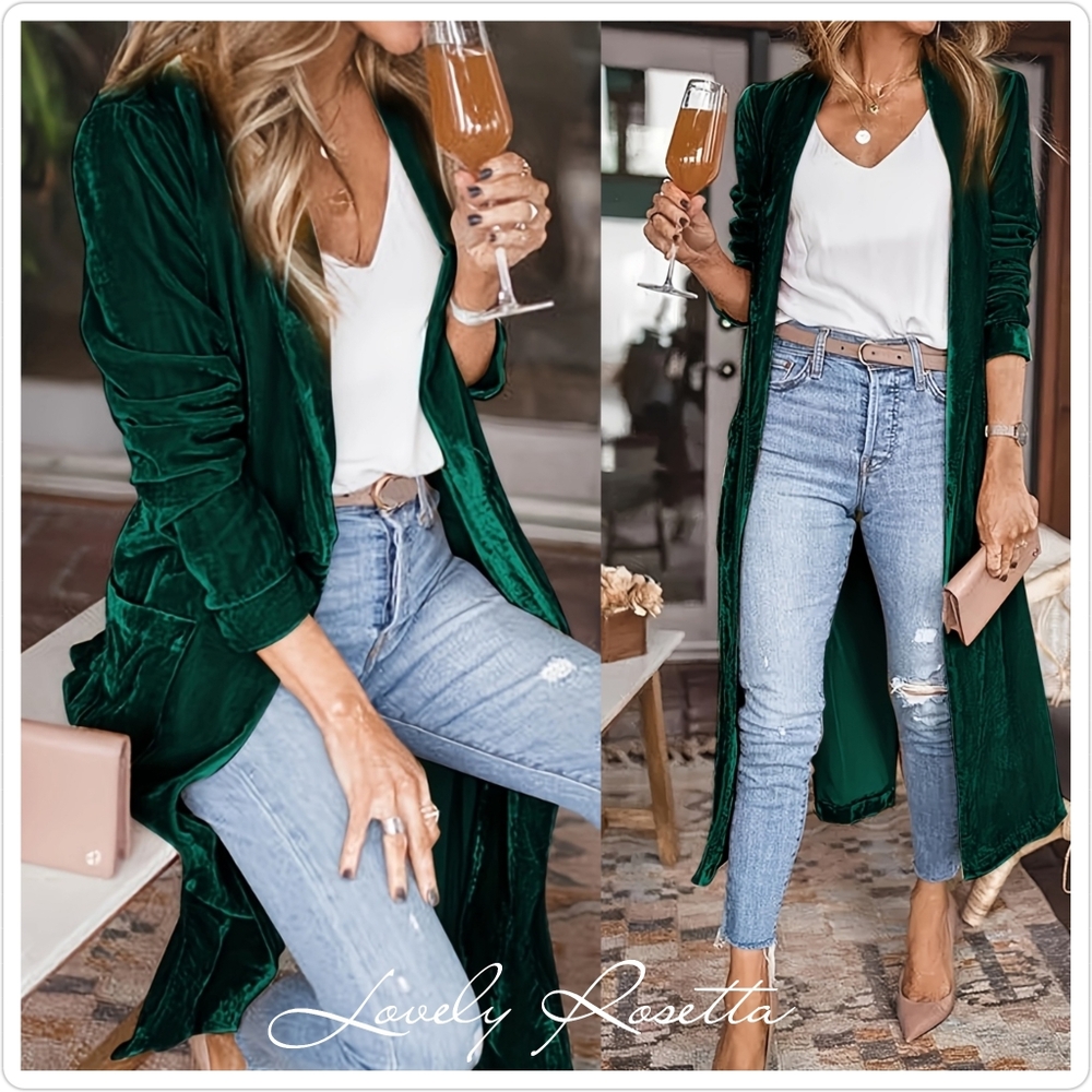 Green Long Sleeve Open Front Coat - Picture 5 of 14